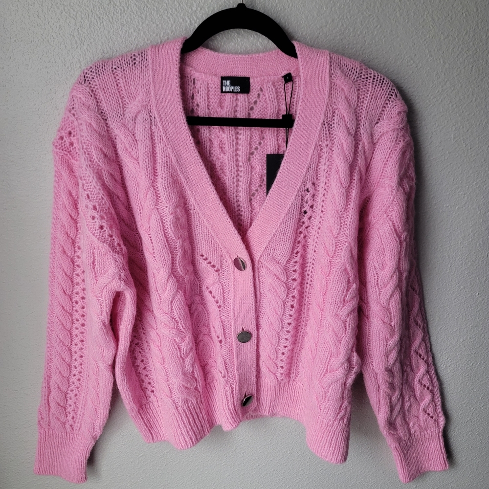 The Kooples V Neck Cable Weave Knitted Cardigan Size FR 3 US 8 In Pink NWT - Picture 2 of 9